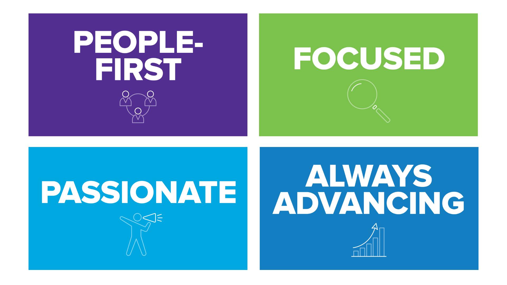 Introducing our new brand values: People-First, Focused, Passionate, and Always Advancing